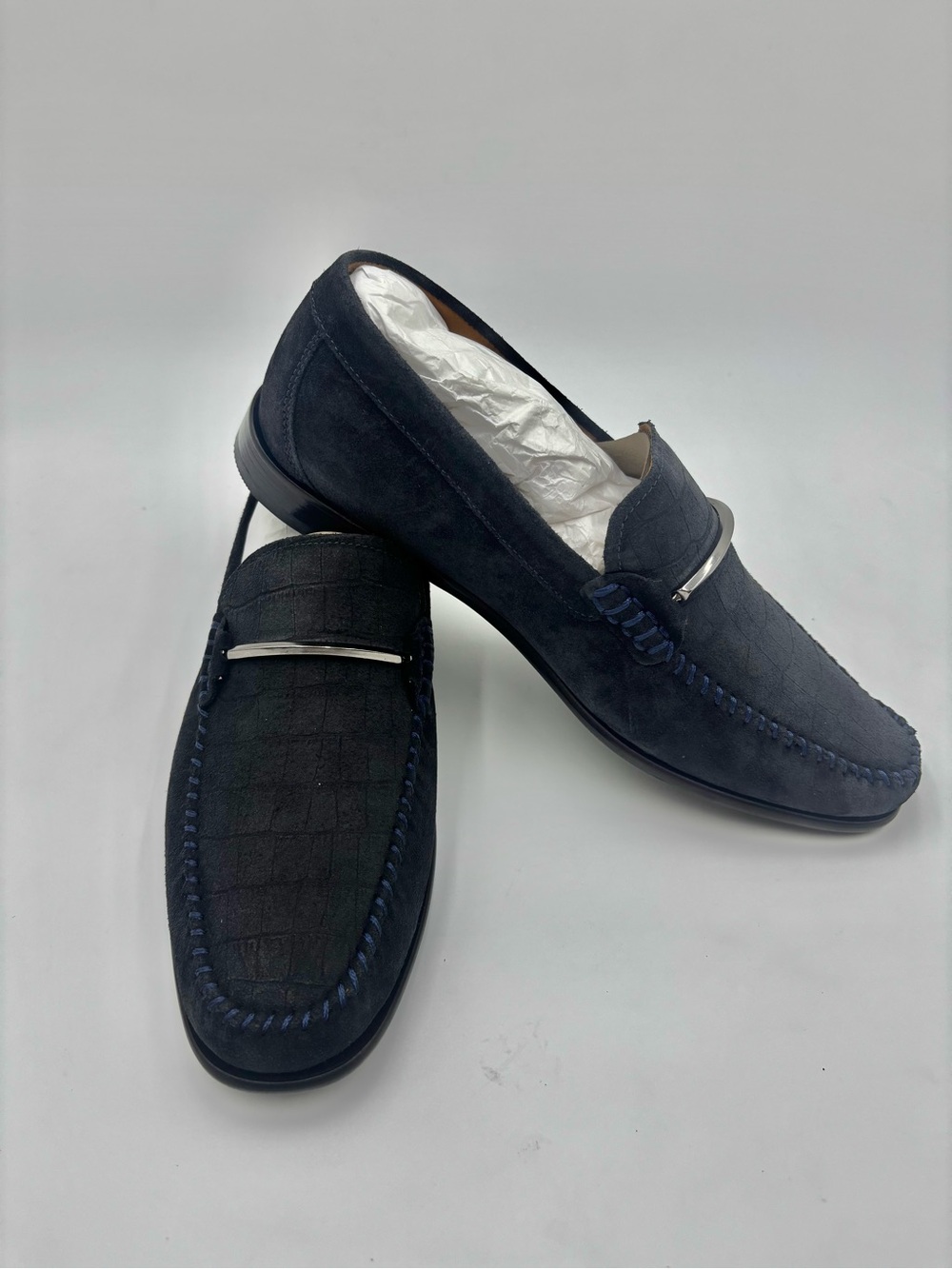 NEVER WORN- Navy Suede with Croc Emboss Bit Loafers- Flag Ltd